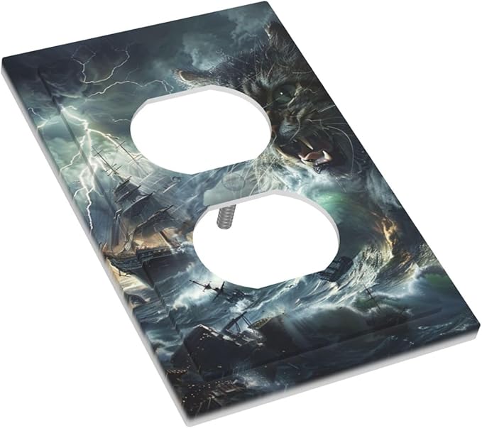 Decorative Outlet Covers funny Cat Stormy sea Lightning Sailboats 1 Gang Duplex Light Switch Cover Plate Electrical Switch plates Wall Plates Receptacle Covers for Bathroom Kid Room Decor