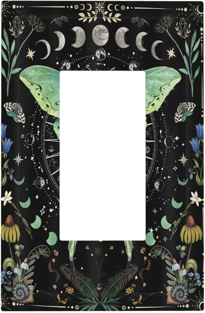 Moon Phase Butterfly Wildflower Plant Mysterious Night Moonlit Decorative Outlet Covers 1 Gang Single Rocker Light Switch Cover Plate Wall Plates GFCI Faceplate for Bedroom Living Room Decor