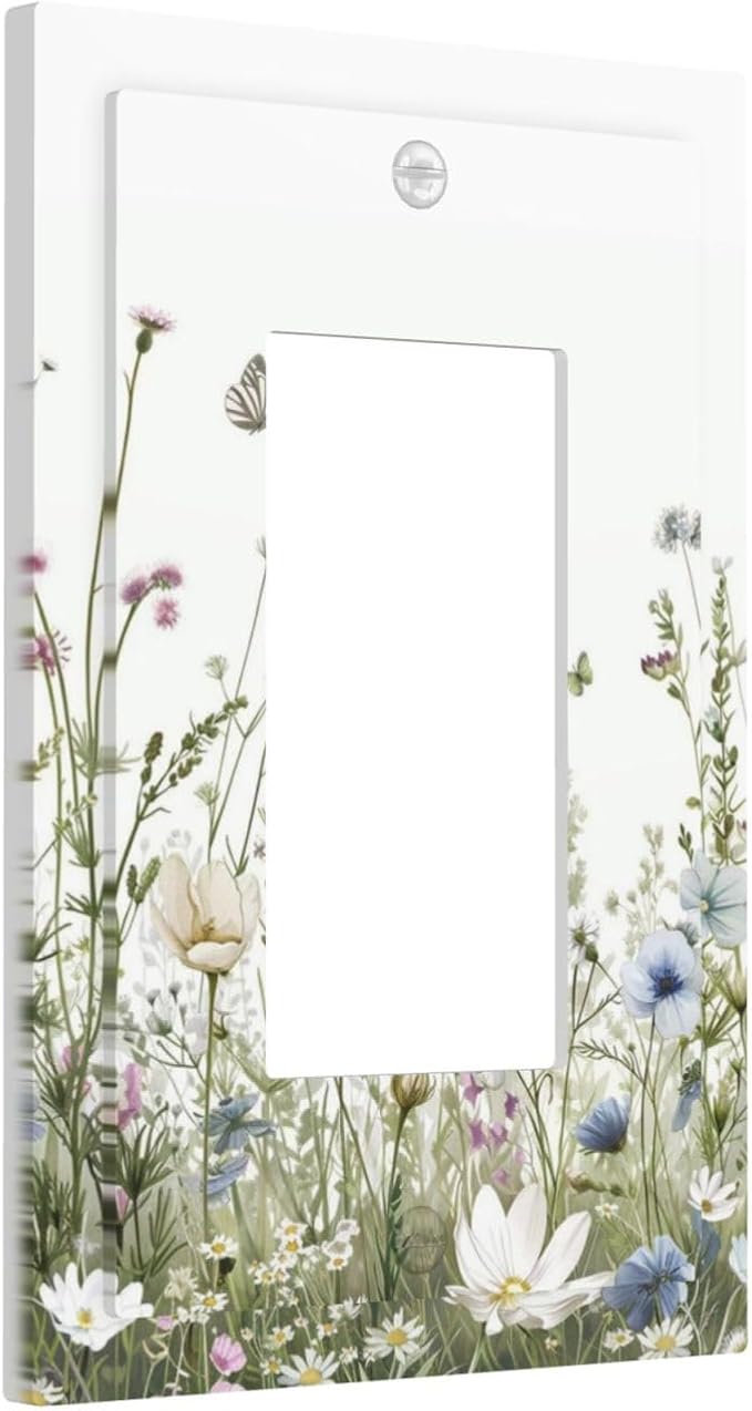 Colorful Wildflowers Daisy Plant Butterfly Floral Decorative Outlet Covers 1 Gang Single Rocker Light Switch Cover Plate Wall Plates GFCI Faceplate for Bed Room Living Room Decor
