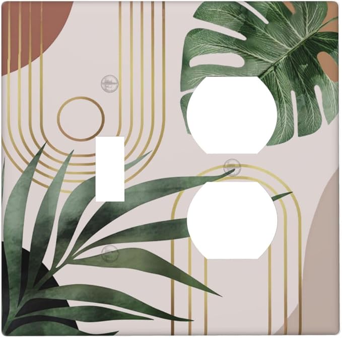 Tan Beige 70s Middle Mid Century Boho Art 2 Gang 1-Toggle/1-Duplex Combination Light Switch Cover Palm Leaf Aesthetics Sun Abstract Device Single Toggle Dual Receptacle Outlet Face Wall Plate Cover