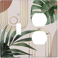 Tan Beige 70s Middle Mid Century Boho Art 2 Gang 1-Toggle/1-Duplex Combination Light Switch Cover Palm Leaf Aesthetics Sun Abstract Device Single Toggle Dual Receptacle Outlet Face Wall Plate Cover
