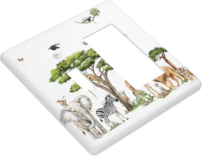 Large Animals Elephant Giraffe Jungle Lion Leopard Zebra Outlet Covers 1 Toggle 1 Rocker Combination Decorative Wall Plate Electrical Switch Plates Light Switch Cover Plate for Kids Room Nursery Decor