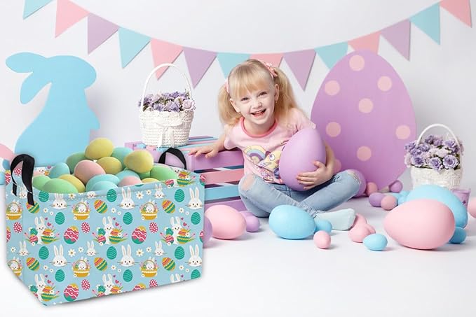 Essme Rectangular Easter Baskets,Pink Easter Storage Basket with Handles for Boys Room Decor, Girls Box,Cute Storage Bin（Blue eggs）
