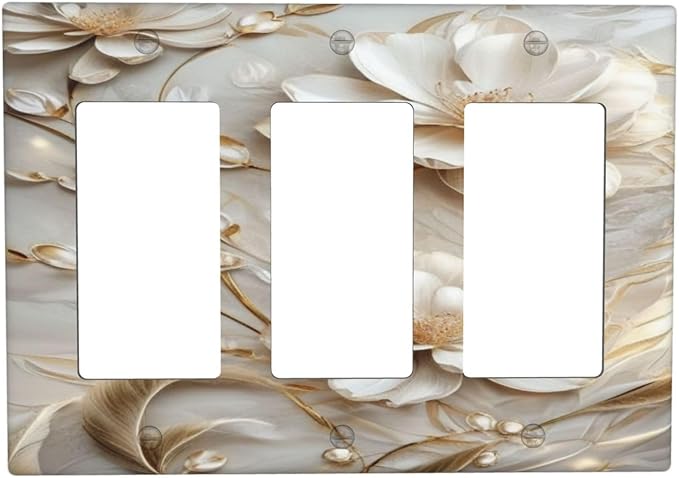Decorative Art Light Switch Covers Elegant White and Gold Florals 3 Gang Triple Rocker Outlet Switch plate GFCI Faceplate GFCI for Home Decor