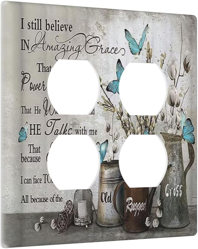 Decorative Outlet Covers Blue Butterfly Rustic Flower Inspirational Quotes 2 Gang Double Duplex Light Switch Cover Wall Plates Electrical Socket Cover Art Faceplate for Bathroom Bedroom Decor