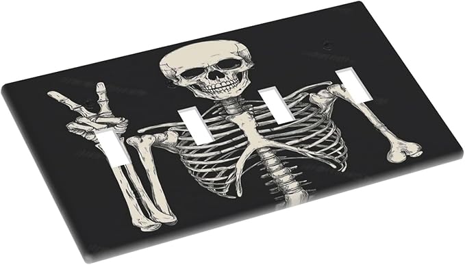 Light Switch Covers Skeleton Skull Boho Hippie Dark Background Quad Toggle Electrical Faceplate 4 Gang Wall Plate Decorative Switch Plates For Cabin Office Decor
