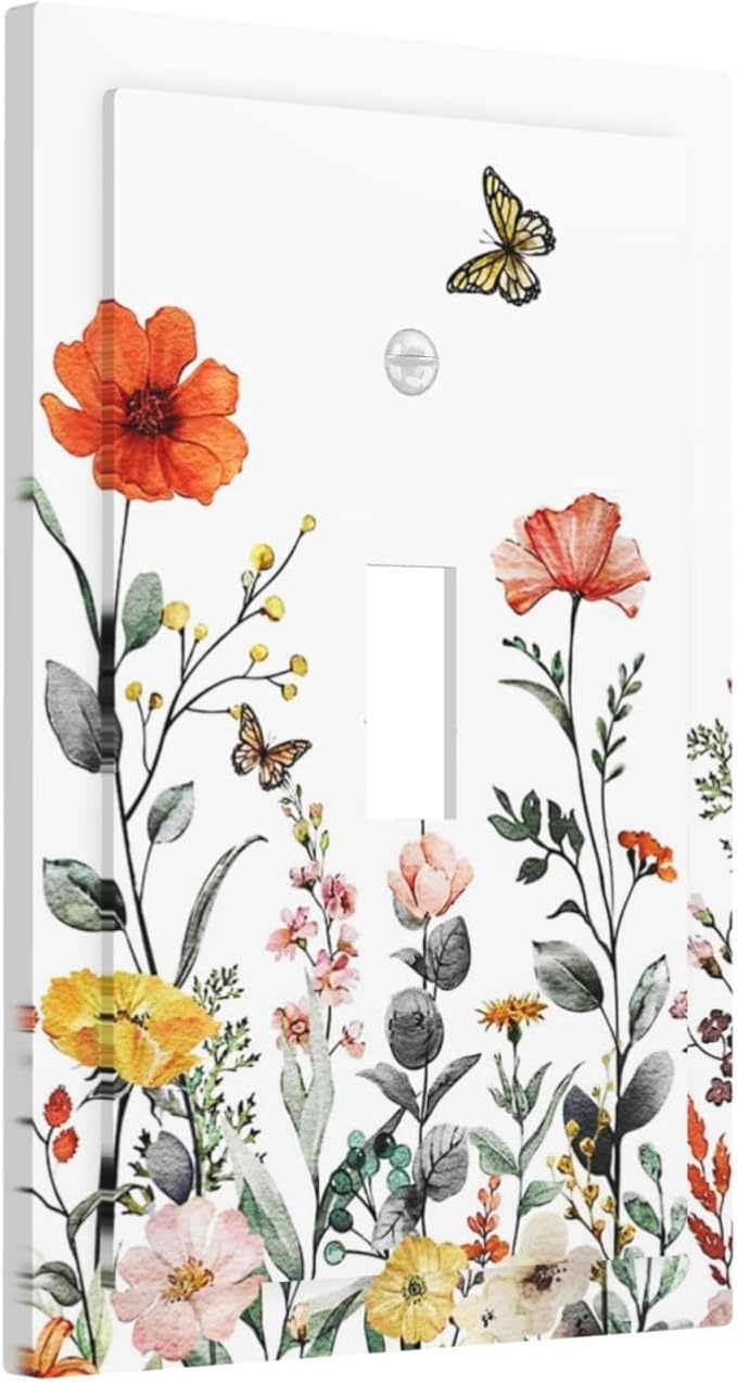 Vintage Floral Colorful Butterfly Wild Flowers Decorative Light Switch Cover 1-Gang Vibrant Spring Vibrant Blossom Single Toggle Wall Plate Electrical Device Outlet Switch Faceplate Cover Jumbo Size