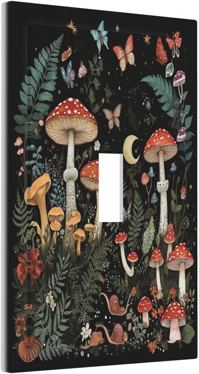 Cartoon Floral Mushroom forest Butterfly Flowers Decorative Light Switch Cover 1 Gang Single Toggle Device Electrical Faceplate Switchplates Decorator Outlet Wall Plate for Bedroom Kids Room Decor