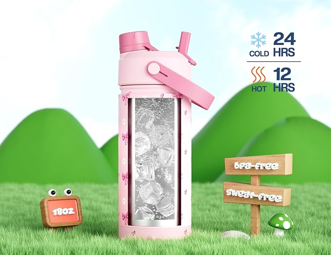 18 oz Insulated Water Bottle for Girls: 2-in-1 Straw Spout Lid, Leakproof, BPA-Free, Easy Carry, Keep Cold 24H, Cute Patterns, Kids Stainless Steel Cup for School, Travel, Holiday Gift (Bow Crush)