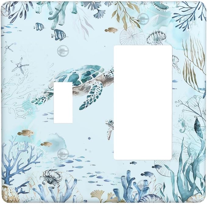 Outlet Covers Teal Blue Ocean Sea Turtle Seabed Plants 1 Toggle 1 Rocker Combination Decorative Wall Plate Light Switch Cover Plate Electrical Switch Plates for Bathroom Kids room Decor