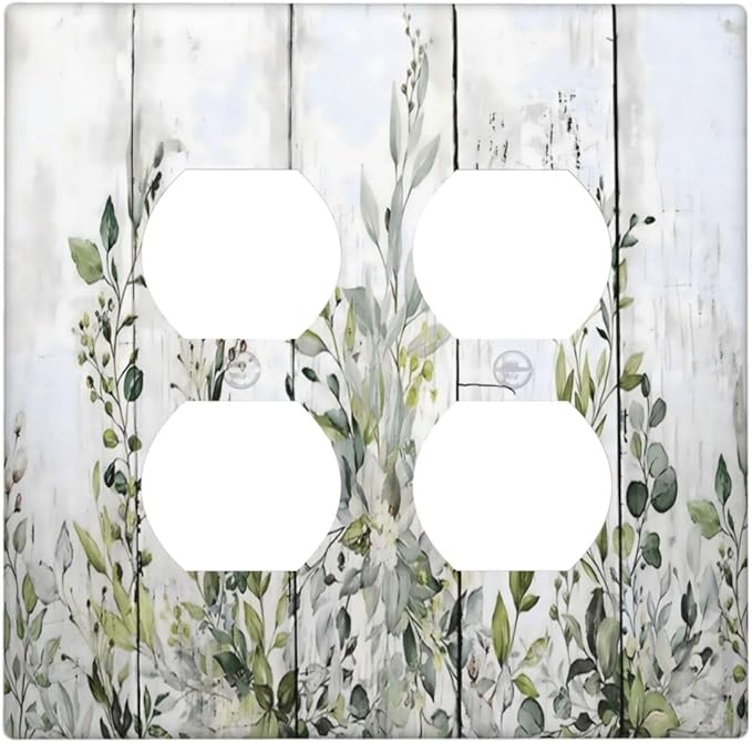 Sage Green Eucalyptus Rustic Country Botanical Leaf Flower Outlet Covers 2 Gang Double Duplex Decorative Light Switch Covers Electrical Wallplates Socket Faceplate for Farmhouse Bedroom Decor