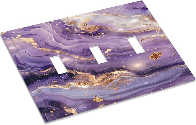 Luxury Marble Texture Purple And Gold Abstract Print Decorative Switch Plates 3 Gang Wall Plate Triple Toggle Light Switch Cover Faceplate Electrical Wall Panels for Bathroom Home Decor