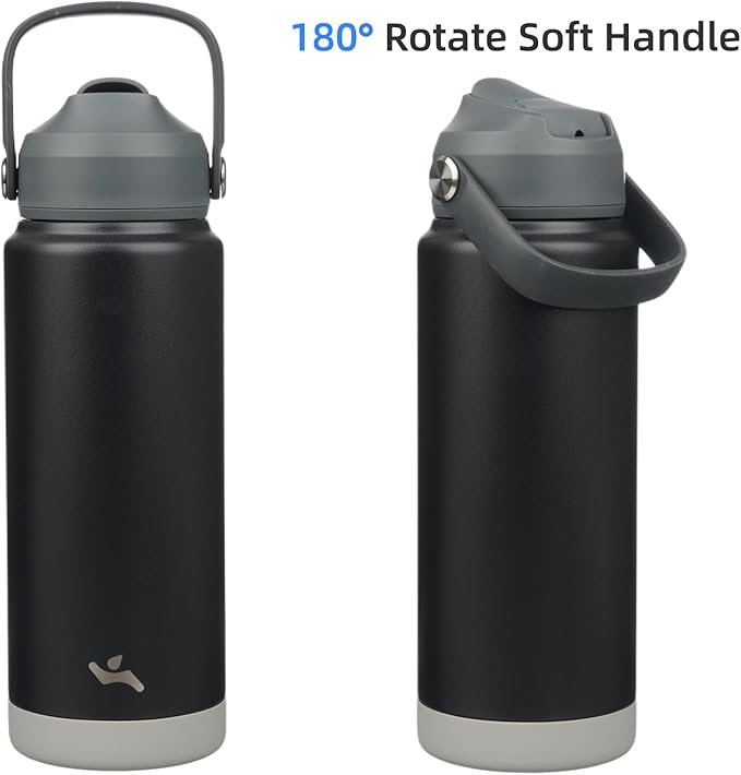 Konokyo Insulated Water Bottle with Straw Lid,24 oz Stainless Steel Vacuum Metal Bottle with Silicone Handle,Black