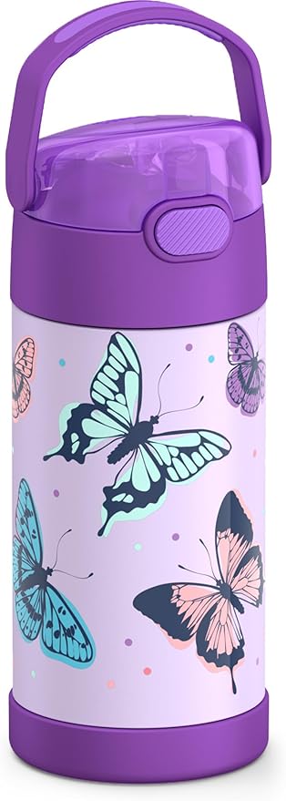 THERMOS FUNTAINER Water Bottle with Straw - 12 Ounce - Kids Stainless Steel Vacuum Insulated Water Bottle with Lid, Butterfly Frenzy