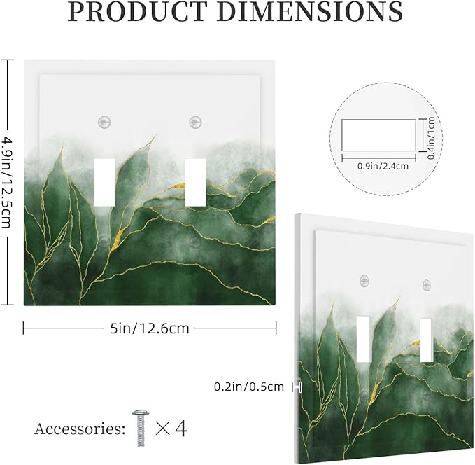 Light Switch Cover Plate Green Gold Leaf Marble Modern Abstract 2 Gang Double Toggle Decorative Switch Plates Plug Cover Wall Plates Electrical Faceplate for Kitchen Bathroom Decor