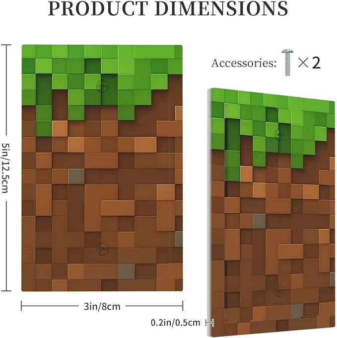 Pixel Style Gamer Themed Grass Block Light Switch Cover Plate 1 Gang No Device Blank Electrical Wall Plates Faceplate Decorative Switch Plate Covers for Kids Room Office Home Decor