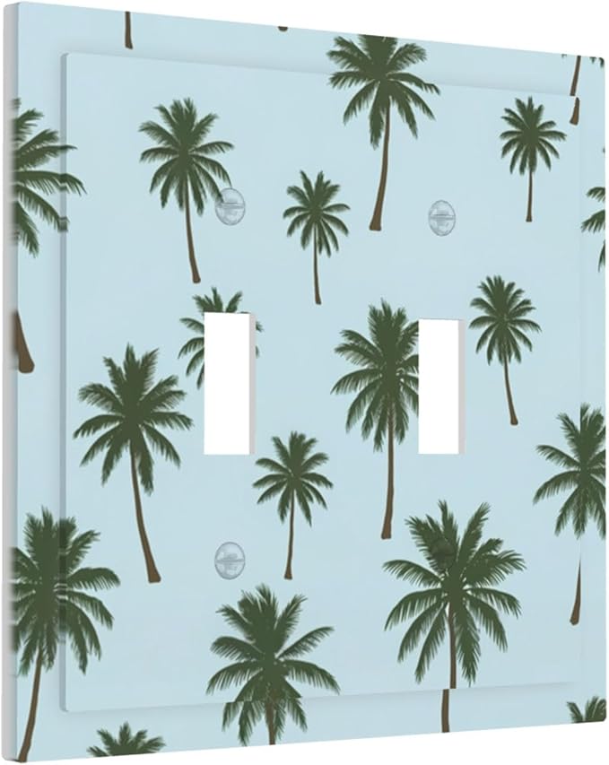 Tropical Palm Tree Pattern Double Toggle Switch Cover - 2-Gang Standard US Size Coastal Breeze Light Switch Covers for Beach House Decor