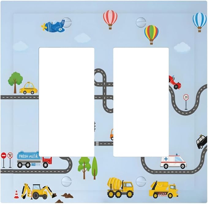 Road Construction Car Truck Hot Air Balloon Decorative Outlet Covers 2 Gang Double GFCI Rocker Electrical Wall Panels Light Switch Cover Plate for Nursery Kids Room Decor