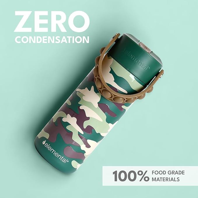 Elemental Insulated Kids Water Bottle, Stainless Steel Water Bottle with Straw Lid & Pop-It Handle, Leak-Proof Water Bottles for School, Boys or Girls, Travelling and Sports, 18oz - Green Camo