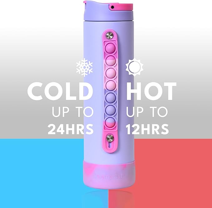Elemental Iconic Kids Water Bottle for School - 100% Leak-Proof Insulated Water Bottles with Straw Lid & Pop-It Handle for Boys & Girls - Triple-Wall Insulated & BPA-Free, 20oz – Lilac Tie Dye