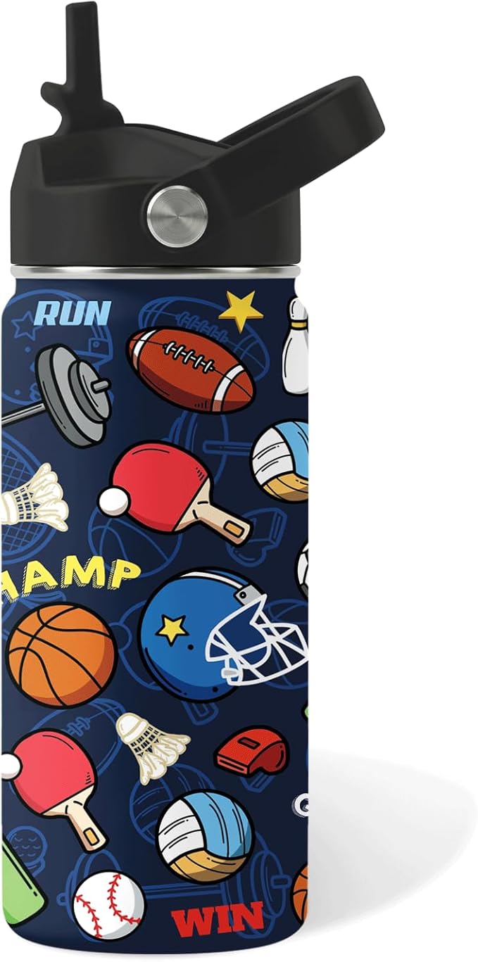 Sports Gifts for Men & Women - 16oz Water Bottle with Straw Lid, Stainless Steel Insulated Bottle, Leakproof, BPA-Free, for Boys Girls, School, Travel - Sport Balls Lovers Kids Birthday Gift Cup (1pc)
