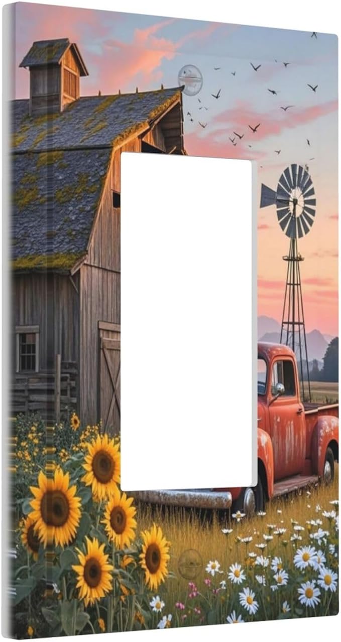 Rustic Barn Red Truck Windmill Sunflower Decorative Outlet Covers 1 Gang Single Rocker Light Switch Cover Plate Wall Plates GFCI Faceplate for Farmhouse Home Decor