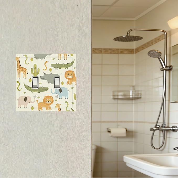 African Safari Animals Double Toggle Switch Cover - 2-Gang Standard US Size Cute Hippo Crocodile Lion Elephant And Giraffe Funny Wildlife Light Switch Covers for Boys & Girls Room Decor