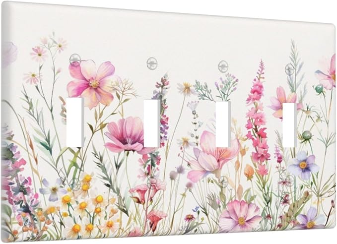 Pink Floral Wild Flowers Watercolor Plants Light Switch Covers Quad Toggle Electrical Faceplate 4 Gang Wall Plate Decorative Switch Plates Cover for Bedroom Living Room Decor
