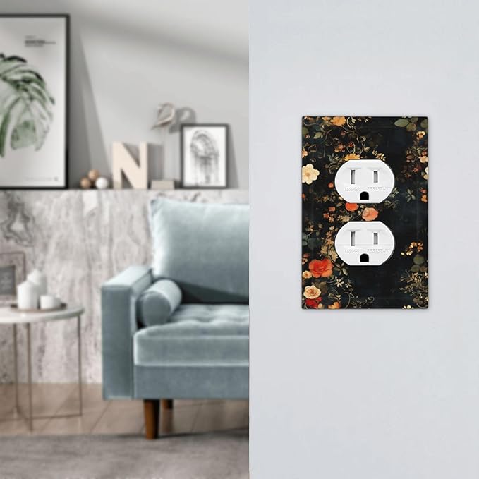 Vintage Orange Pink Black Roses Floral Flower Outlet Covers 1 Gang Duplex Light Switch Cover Decorative Switch Plates Electrical Receptacle Faceplate Wall Plate for Farmhouse Bedroom Decor