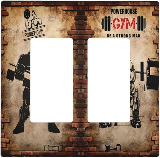 Vintage Gym Retro Brick Dumbbell Muscular Man Double Rocker Wall Plates 2 Gang Light Switch Cover Decorative GFCI Electrical Switchplate Dimmer for Bedroom Boyroom Bathroom Decor