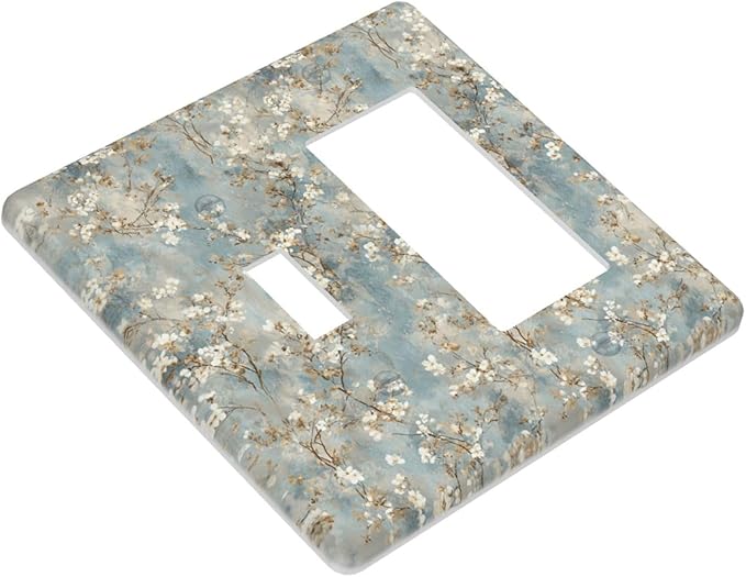 Decorative Outlet Covers Rustic Blue White Plum Blossom Flower 2 Gang Light Switch Cover Plate Single Toggle 1 Rocker Wall Plates for Electrical Switch Plate Covers for Bedroom Decor