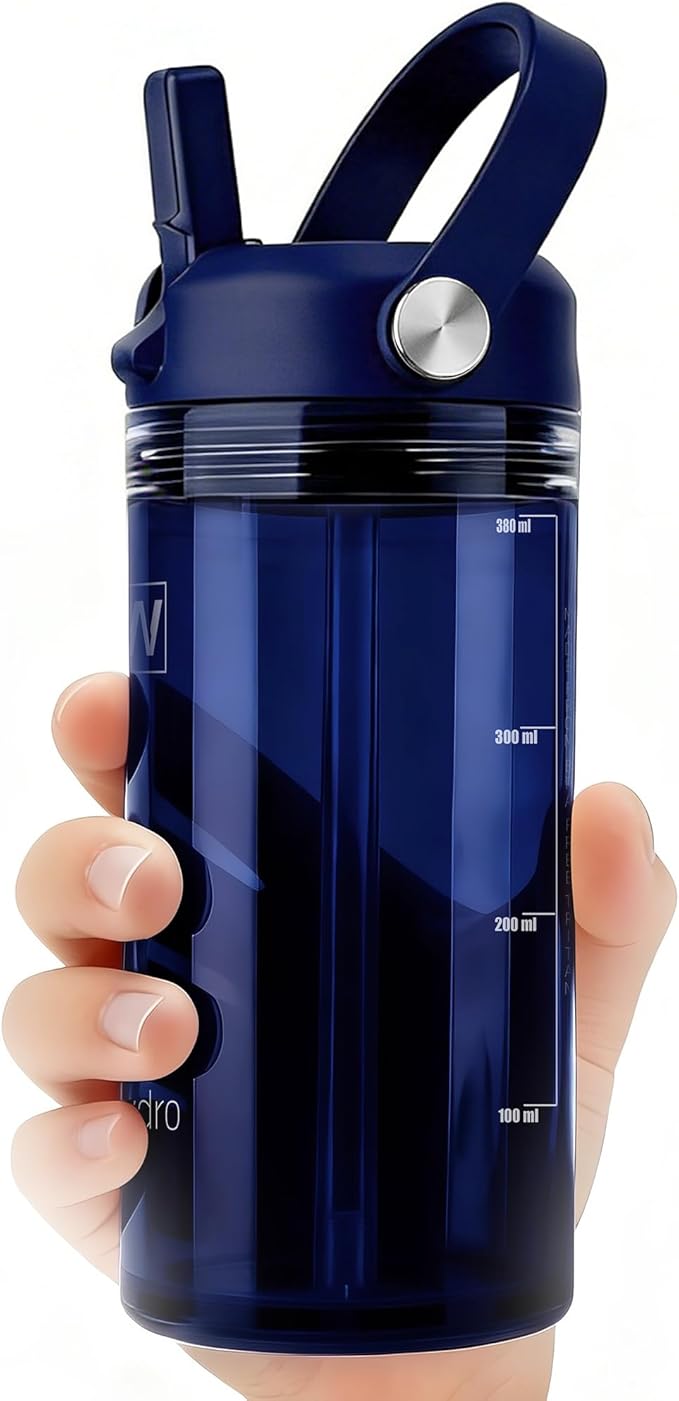 12oz Kids Water Bottle, BPA Free Thick Tritan Plastic Reusable, Clear Water Bottle with Straw, Leakproof Lid, Dishwasher Safe, Boy girl for School,Travel Dark Blue