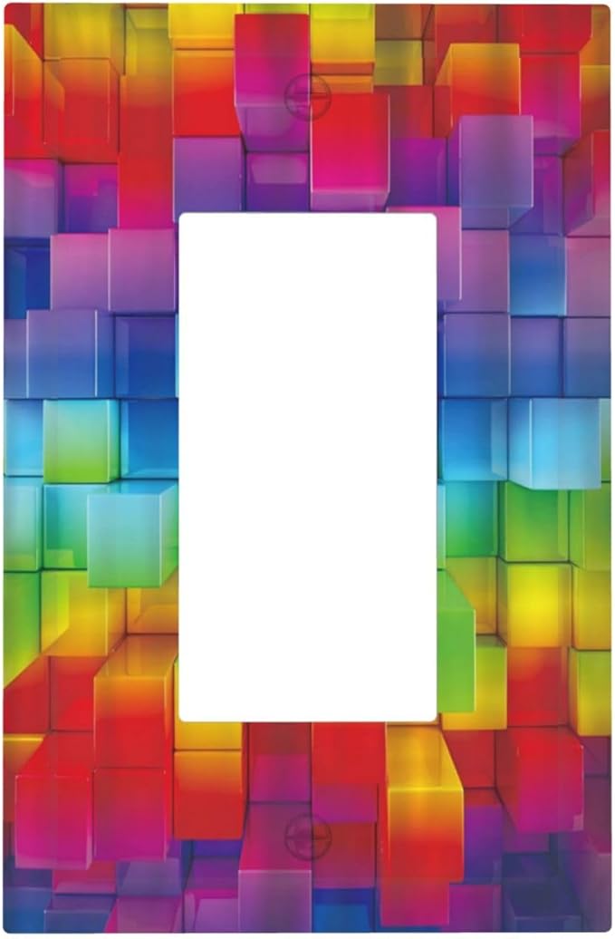 3D Colorful Rainbow Wall Abstract Squre Shaped 1 Gang Rocker Light Switch Covers Decorative Unique Single Decora Outlet Wall Plate Faceplate Switchplate GFCI for Kitchen Bedroom Bathroom Decor