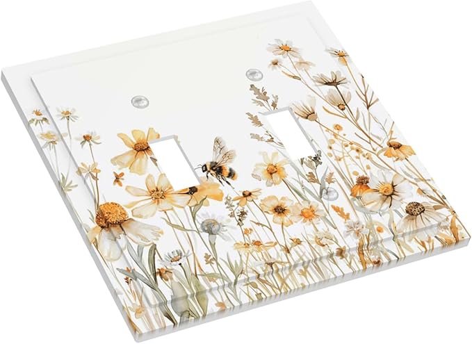 Yellow White Daisy Floral Bee Wild Flower Decorative Switch Plates 2 Gang Double Toggle Outlet Light Switch Cover Wall Plate Electrical Faceplate for Bedroom Living Room Decor