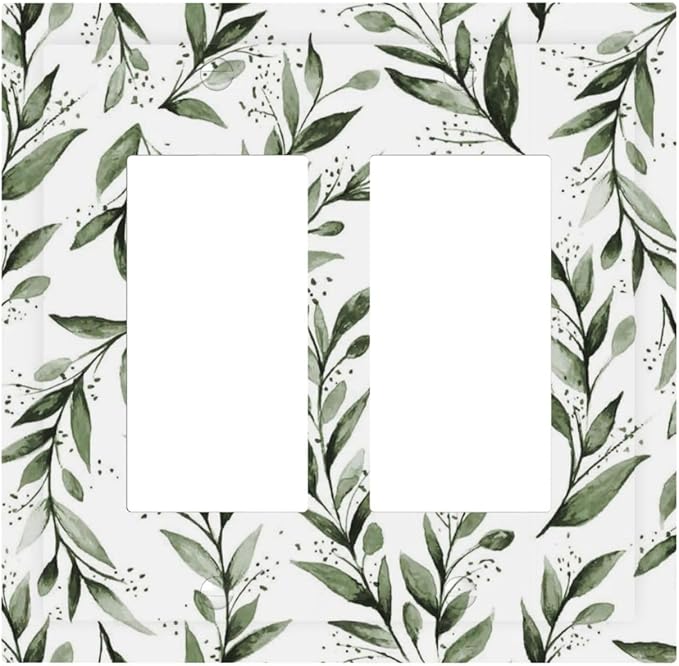 Green Leaf Olive Leaf Sage Floral Decorative Outlet Covers 2 Gang Double GFCI Rocker Electrical Wall Panels Light Switch Cover Plate for Bedroom Living Room Decor