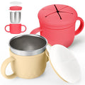 Mity Rain 2-Pack Stainless Steel Snack Containers, 4-in-1 Spill Proof Snack Cups with Silicone Lid and Handle, Dishwasher Safe Travel Snack Containers for Kids and Infants (Red + Ivory Yellow)