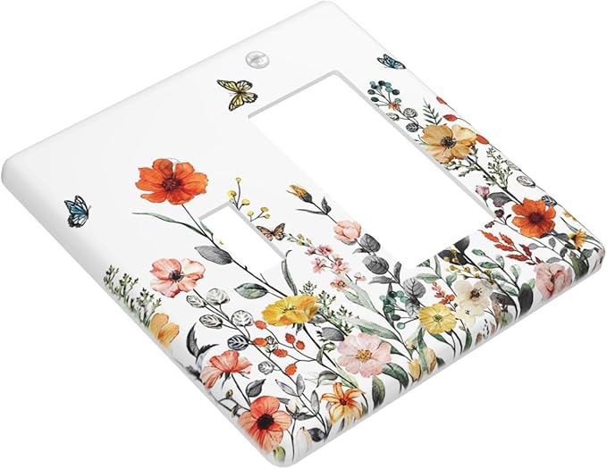 Colorful Butterfly Blossom Flower Floral 2 Gang Single Toggle/Decorator Combination Light Switch Cover Decorative Combo 1-Toggle/1-GFCI/Rocker Wall Plate Cover