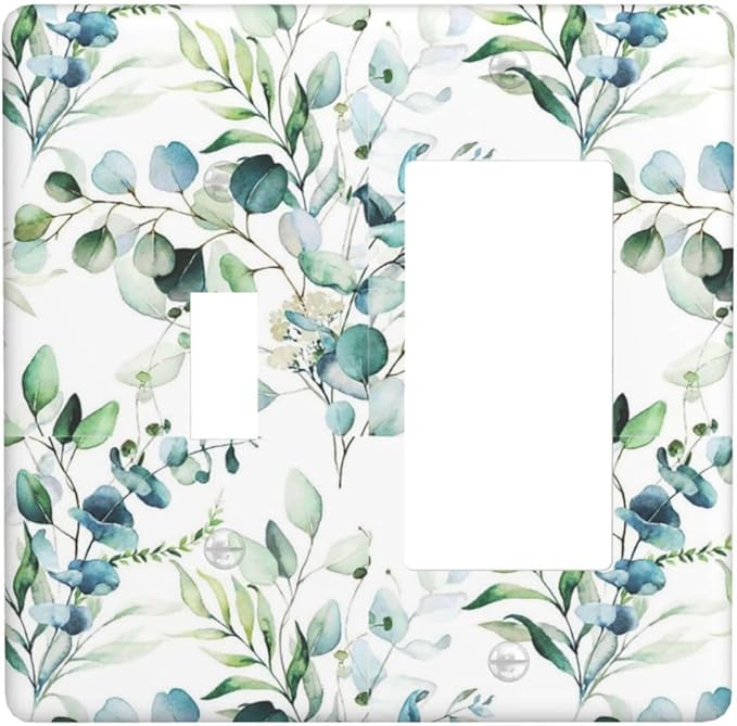 Green Eucalyptus Sage Leaf 2 Gang Combination Single Toggle/Decorator Wall Plate Elegant Ivy Vine Olive Plant Bontay Combo 1-Toggle 1-GFCI/Rocker Outlet Light Switch Dimmer Receptacle Faceplate Cover