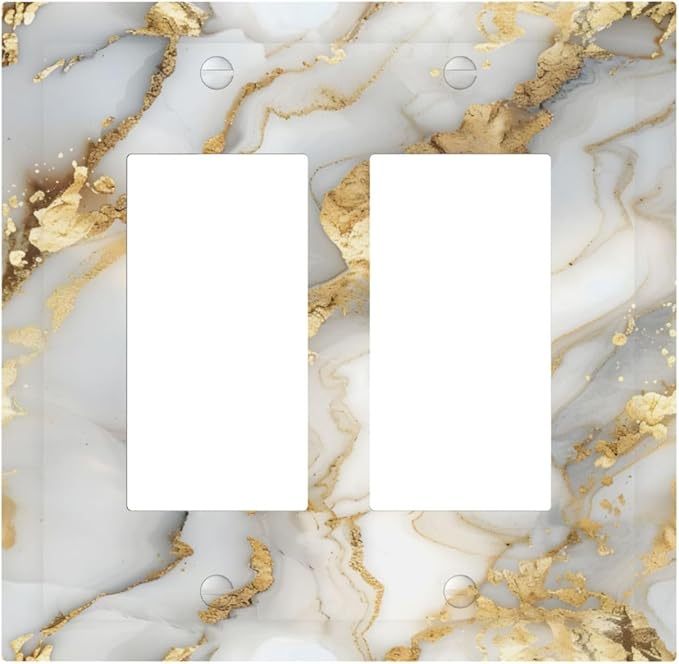 Luxurious White Gold Marble Patterns Abstract Decorative Outlet Covers 2 Gang Double GFCI Rocker Electrical Wall Panels Light Switch Cover Plate for Bathroom Kitchen Decor