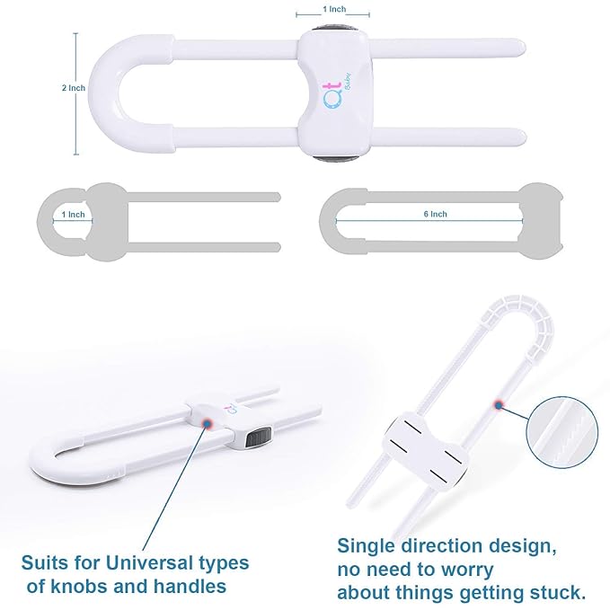 QT BABY Baby Proofing Cabinet Locks | Adjustable U Shaped Baby Safety Latches for Drawers, Fridge, Closet |Modern Baby Proofing Cabinet Lock with Extra Secure Lock Buttons (Pack of 2, White)