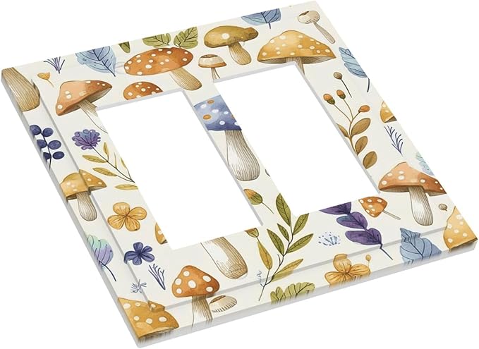 Boho Watercolor Mushroom Flowers Leaf Colorful Floral Decorative Outlet Covers 2 Gang Double GFCI Rocker Electrical Wall Panels Light Switch Cover Plate for Kids Room Nursery Decor