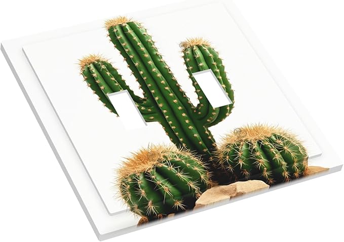 Boho Cactus Garden Double Toggle Switch Cover - 2-Gang Standard US Size Minimalist Desert Landscape Design Light Switch Covers for Bedroom Bathroom Living Room Decor