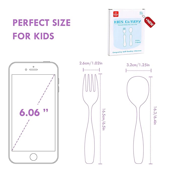 Lehoo Castle 6 Pieces Toddler Utensils, Kids Silverware for 2 3 4 Years Old, Stainless Steel Fork and Spoon Set with Plastic Handle, Safe Toddler Cutlery (Pink＆Purple)