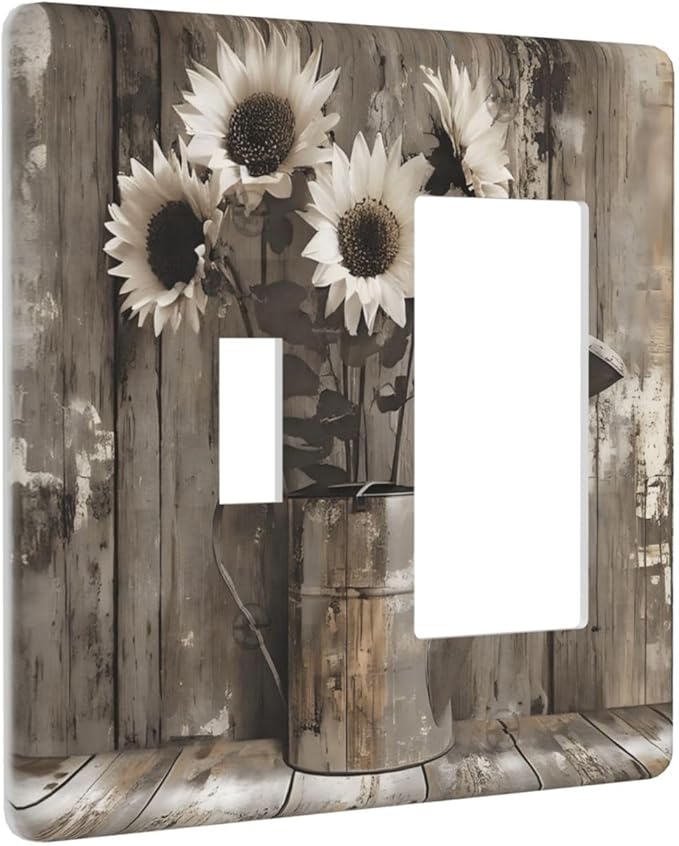 Rustic Floral Country Sunflower Daisy Old Wooden Boards Outlet Covers 1 Toggle 1 Rocker Combination Decorative Wall Plate Electrical Switch Plates Light Switch Cover Plate for Farmhouse Home Decor
