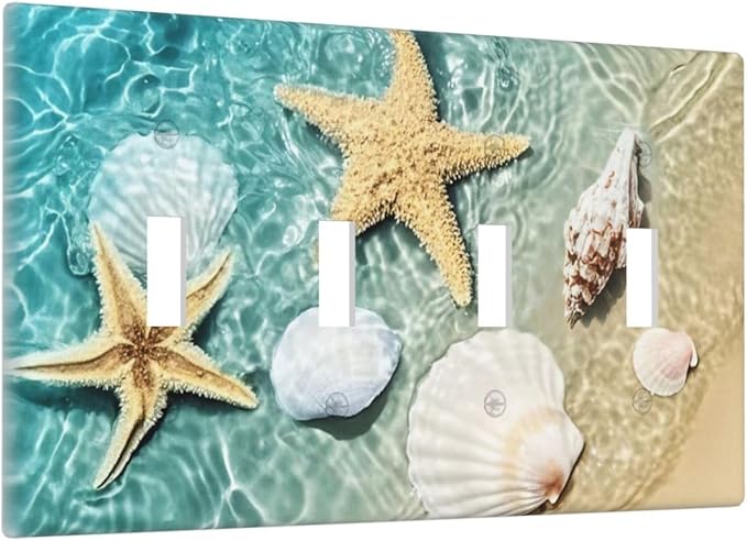 Light Switch Covers Beach Starfish Ocean Conch Cameo Shell Quad Toggle Electrical Faceplate 4 Gang Wall Plate Decorative Switch Plates For Decor Kids Room Decor