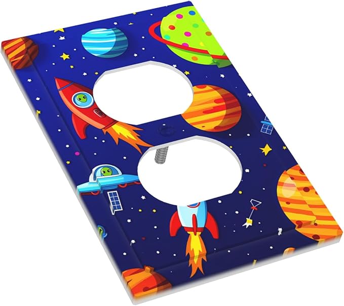 Planets, Rockets & Aliens Duplex Wall Plate - 1-Gang Standard US Size Astronaut Cosmic Adventure Outlet Covers for Boy's Bedroom Decor