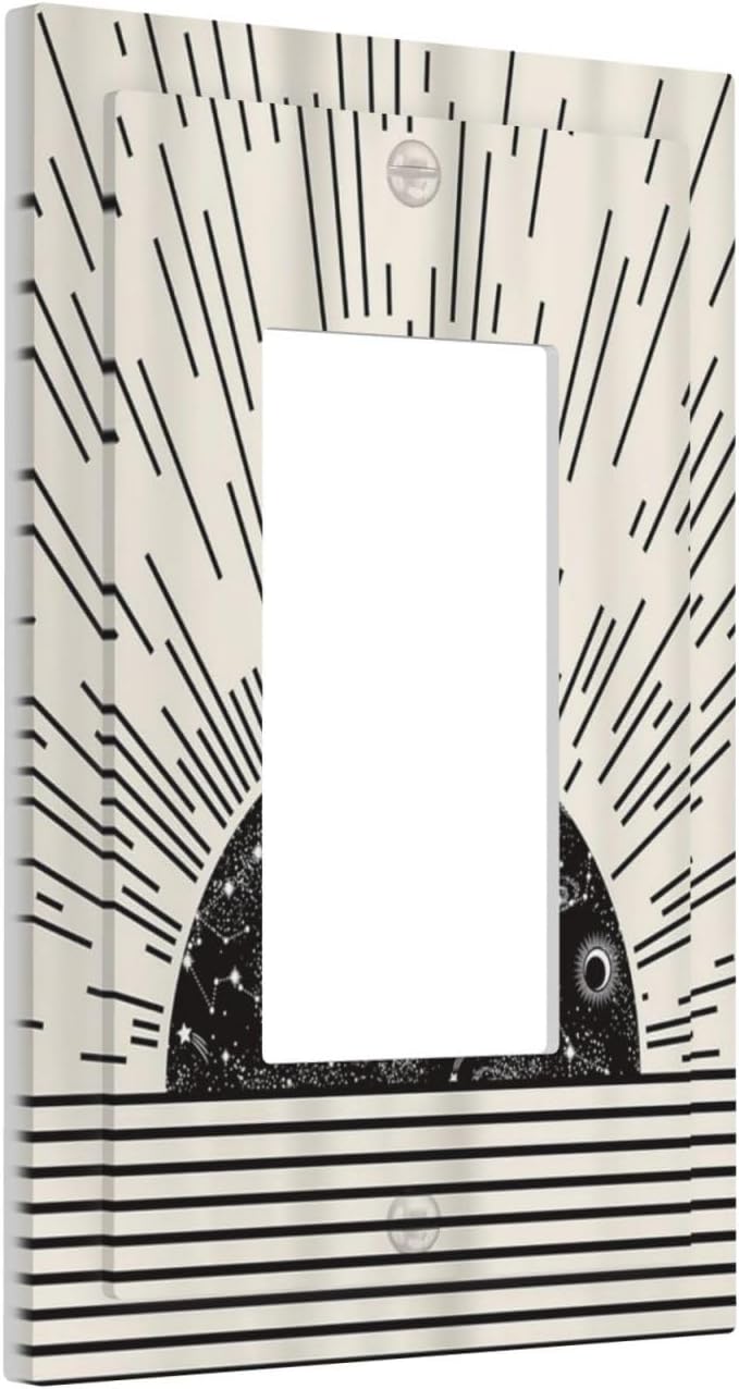 Mid Century Boho Sun Abstract Black Sunrise Horizon 1 Gang Rocker Light Switch Covers Single Decora Outlet Wall Plate Decorative Switchplate Faceplate GFCI for Kitchen Bathroom Bedroom Decor