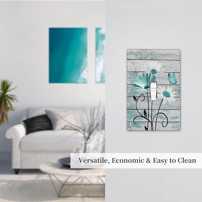 Teal White Daisy Flower Butterfly On Rustic Wood Board Decorative Light Switch Cover 1 Gang Single Toggle Device Electrical Faceplate Switchplates Decorator Outlet Wall Plate for Farmhouse Bedroom