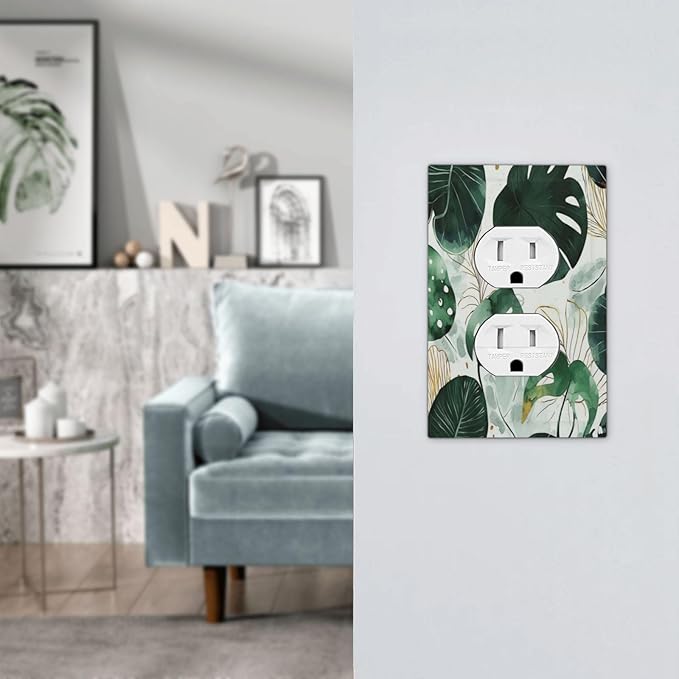 Boho Tropical Green Leaf Watercolor Banana Leaves Outlet Covers 1 Gang Duplex Light Switch Cover Decorative Switch Plates Electrical Receptacle Faceplate Wall Plate For Bed Room Living Room Decor