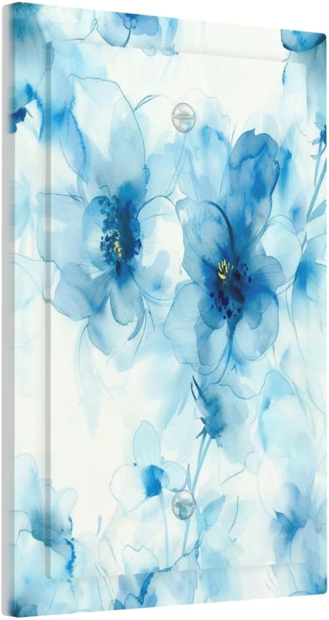 Watercolor Flower Blue White Large Floral Leaf Plants Light Switch Cover Plate 1 Gang No Device Blank Electrical Wall Plates Faceplate Decorative Switch Plate Covers for Bedroom Living Room Decor